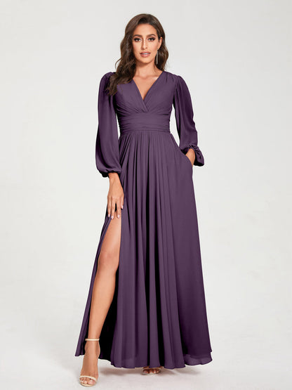 A-Line/Princess V-Neck Long Sleeves Split Side With Pockets Bridesmaid Dresses