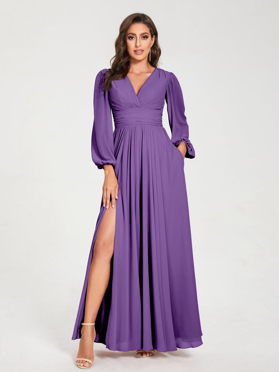 A-Line/Princess V-Neck Long Sleeves Split Side With Pockets Bridesmaid Dresses