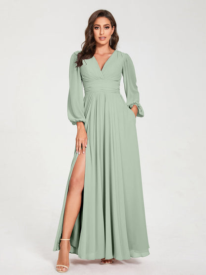 A-Line/Princess V-Neck Long Sleeves Split Side With Pockets Bridesmaid Dresses