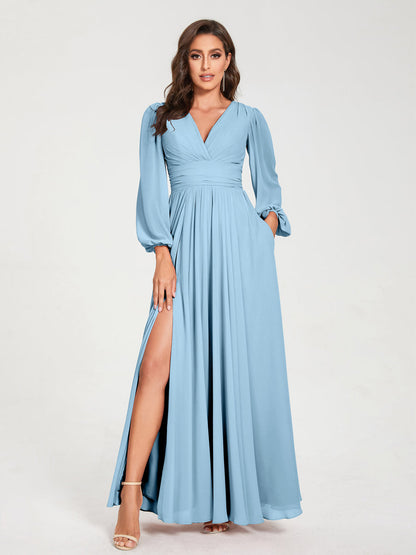 A-Line/Princess V-Neck Long Sleeves Split Side With Pockets Bridesmaid Dresses