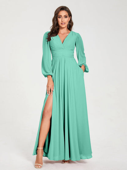 A-Line/Princess V-Neck Long Sleeves Split Side With Pockets Bridesmaid Dresses