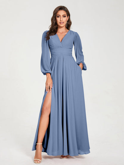 A-Line/Princess V-Neck Long Sleeves Split Side With Pockets Bridesmaid Dresses