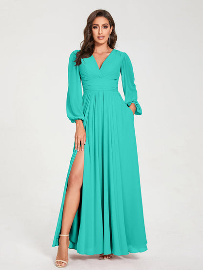 A-Line/Princess V-Neck Long Sleeves Split Side With Pockets Bridesmaid Dresses