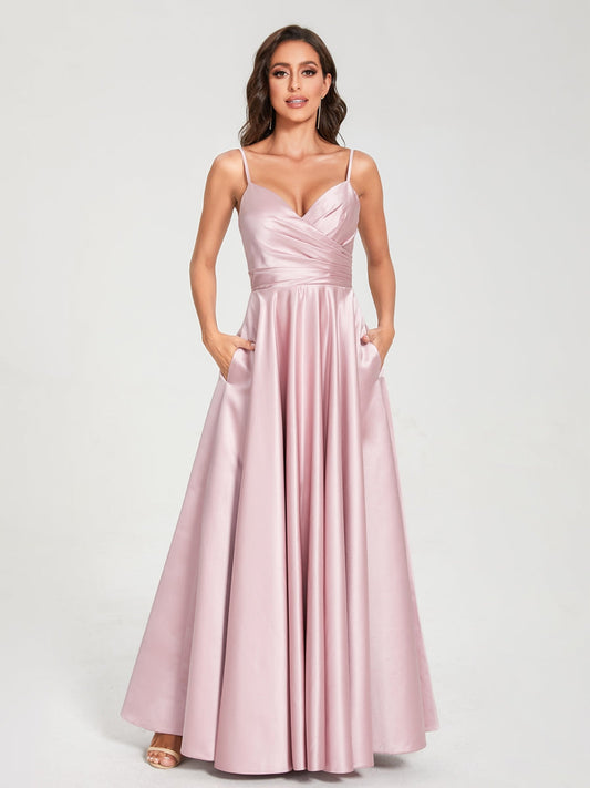 A-Line/Princess Satin V-Neck Sleeveless Floor-Length With Pockets Bridesmaid Dresses