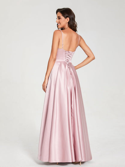 A-Line/Princess Satin V-Neck Sleeveless Floor-Length With Pockets Bridesmaid Dresses