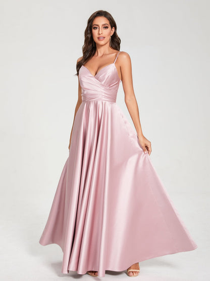 A-Line/Princess Satin V-Neck Sleeveless Floor-Length With Pockets Bridesmaid Dresses