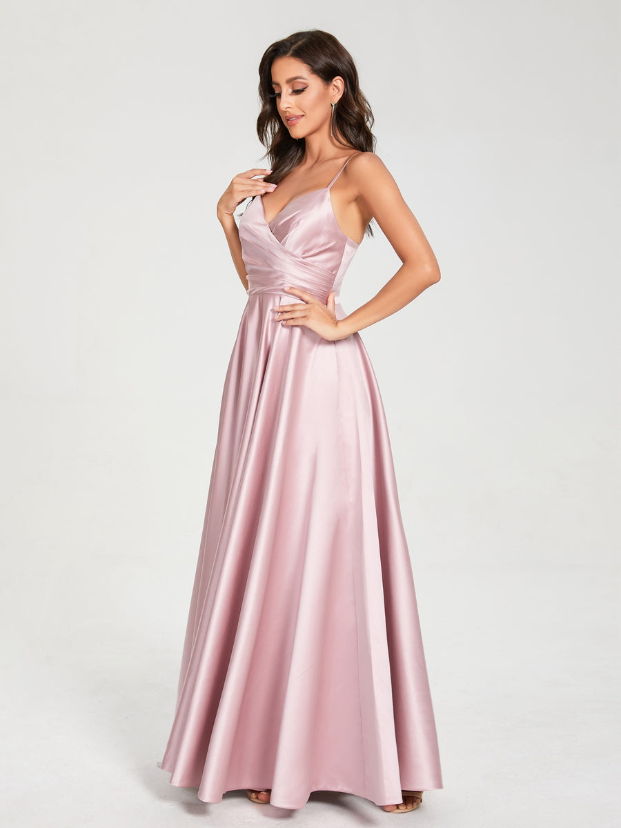 A-Line/Princess Satin V-Neck Sleeveless Floor-Length With Pockets Bridesmaid Dresses