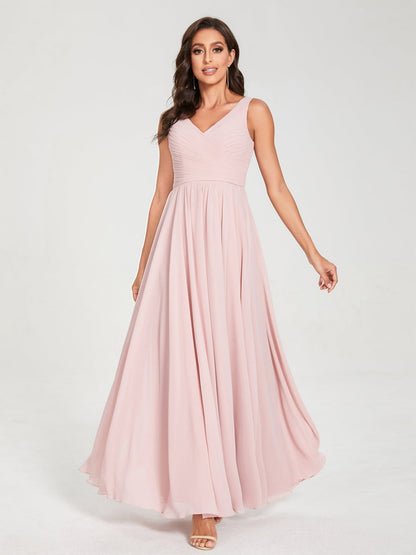 A-Line/Princess Chiffon V-Neck Sleeveless With Pleats Floor-Length Lace Up Bridesmaid Dresses