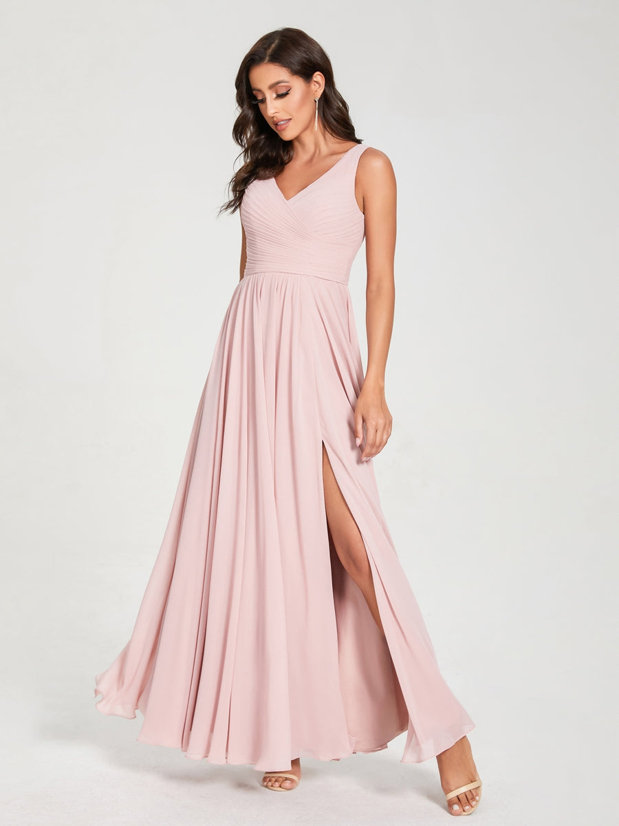 A-Line/Princess Chiffon V-Neck Sleeveless With Pleats Floor-Length Lace Up Bridesmaid Dresses