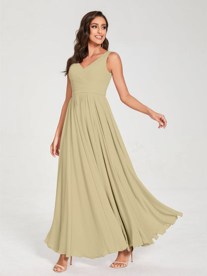 A-Line/Princess Chiffon V-Neck Sleeveless With Pleats Floor-Length Lace Up Bridesmaid Dresses