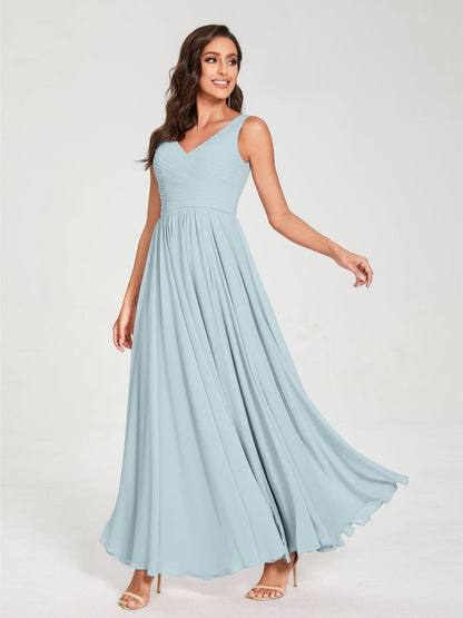 A-Line/Princess Chiffon V-Neck Sleeveless With Pleats Floor-Length Lace Up Bridesmaid Dresses