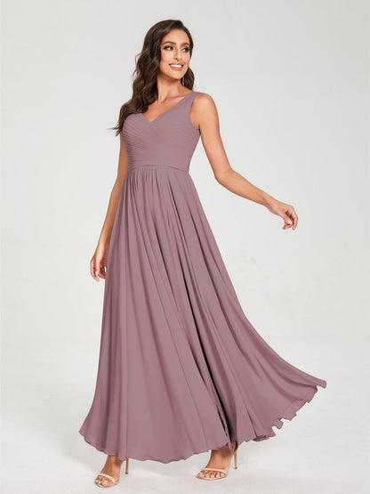 A-Line/Princess Chiffon V-Neck Sleeveless With Pleats Floor-Length Lace Up Bridesmaid Dresses