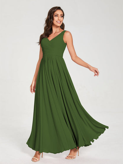 A-Line/Princess Chiffon V-Neck Sleeveless With Pleats Floor-Length Lace Up Bridesmaid Dresses