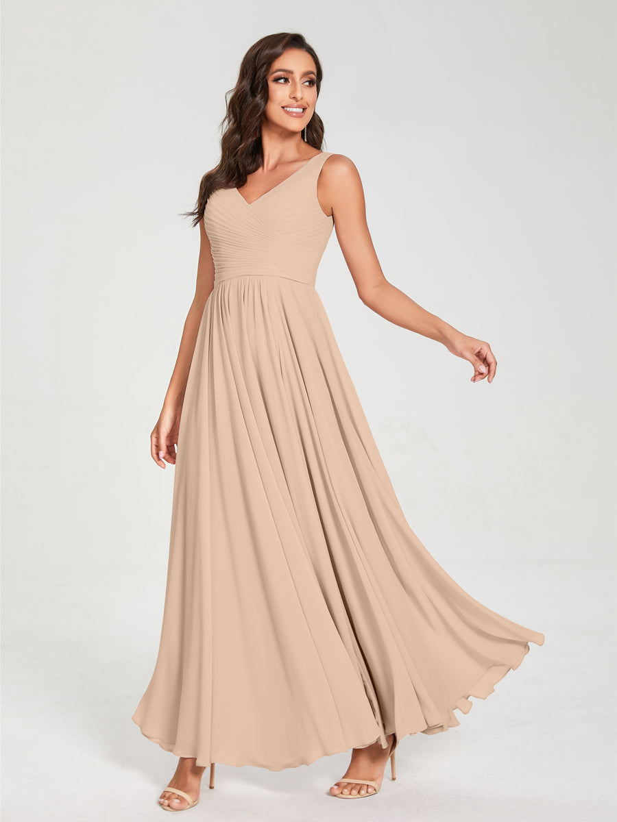 A-Line/Princess Chiffon V-Neck Sleeveless With Pleats Floor-Length Lace Up Bridesmaid Dresses