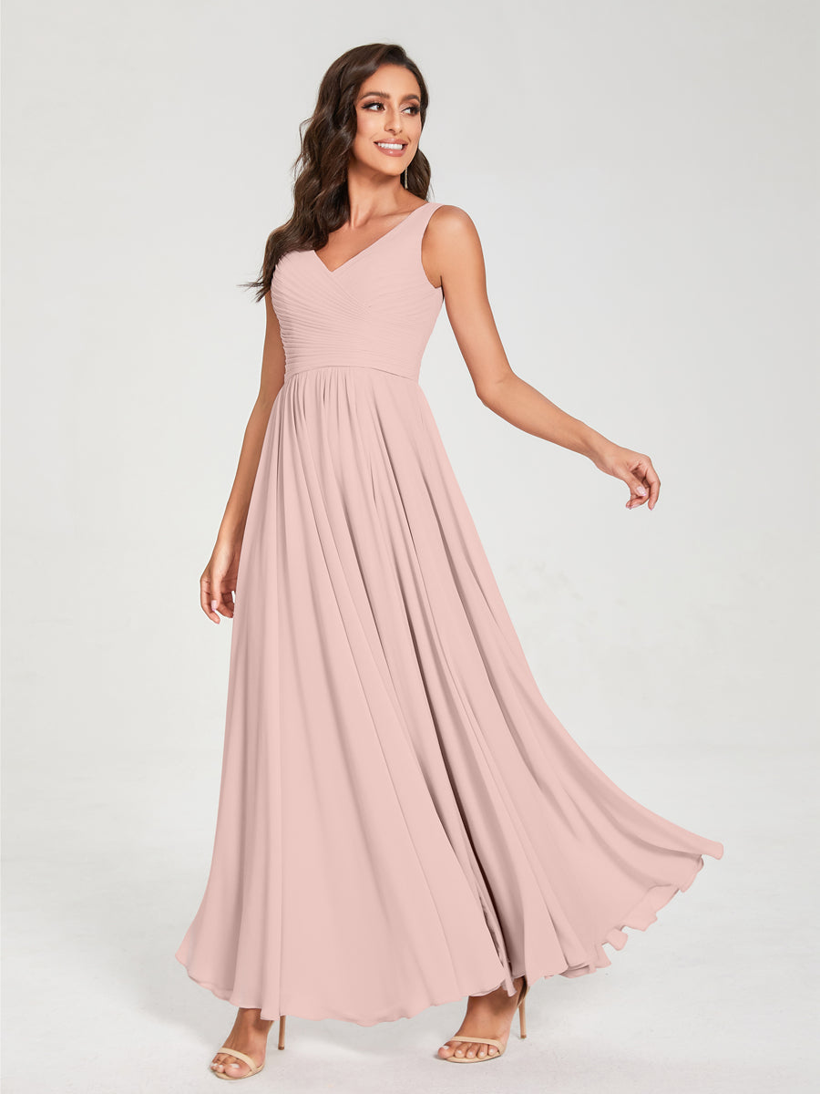 A-Line/Princess Chiffon V-Neck Sleeveless With Pleats Floor-Length Lace Up Bridesmaid Dresses