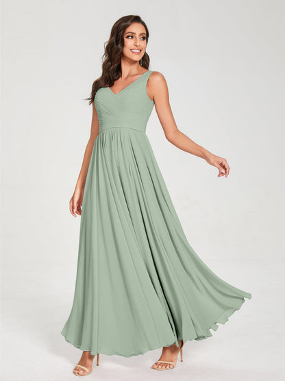 A-Line/Princess Chiffon V-Neck Sleeveless With Pleats Floor-Length Lace Up Bridesmaid Dresses