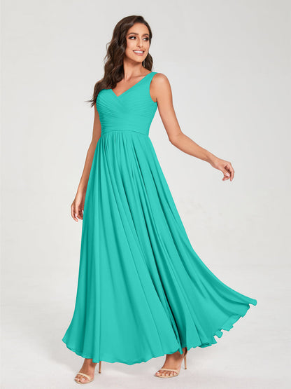 A-Line/Princess Chiffon V-Neck Sleeveless With Pleats Floor-Length Lace Up Bridesmaid Dresses