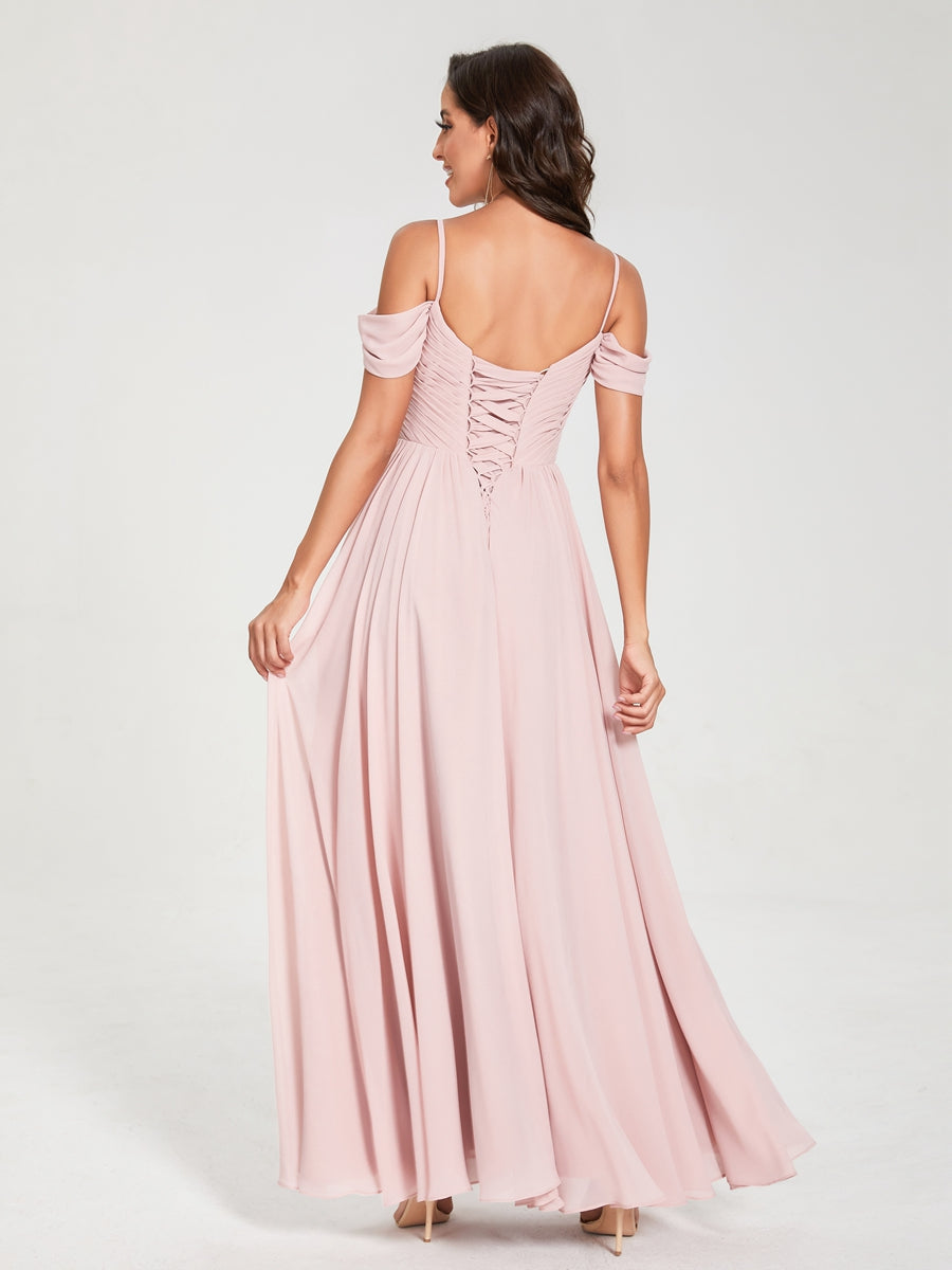 A-Line/Princess Chiffon Spaghetti Straps Off-the-Shoulder Sleeveless Floor-Length Split Side Bridesmaid Dresses