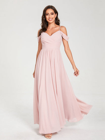 A-Line/Princess Chiffon Spaghetti Straps Off-the-Shoulder Sleeveless Floor-Length Split Side Bridesmaid Dresses