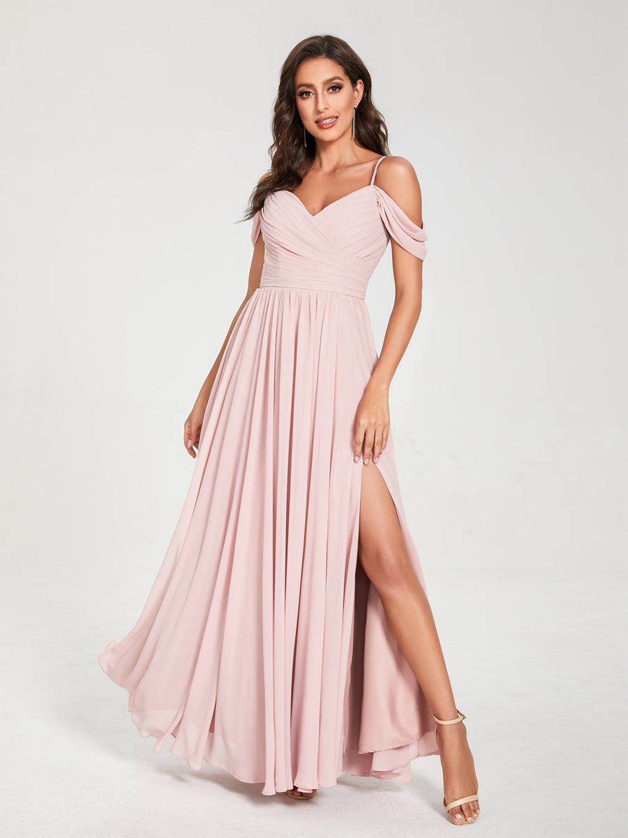 A-Line/Princess Chiffon Spaghetti Straps Off-the-Shoulder Sleeveless Floor-Length Split Side Bridesmaid Dresses