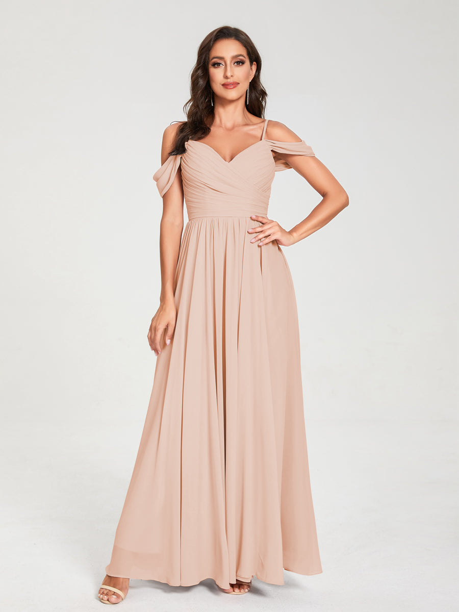 A-Line/Princess Chiffon Spaghetti Straps Off-the-Shoulder Sleeveless Floor-Length Split Side Bridesmaid Dresses