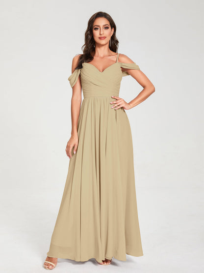 A-Line/Princess Chiffon Spaghetti Straps Off-the-Shoulder Sleeveless Floor-Length Split Side Bridesmaid Dresses