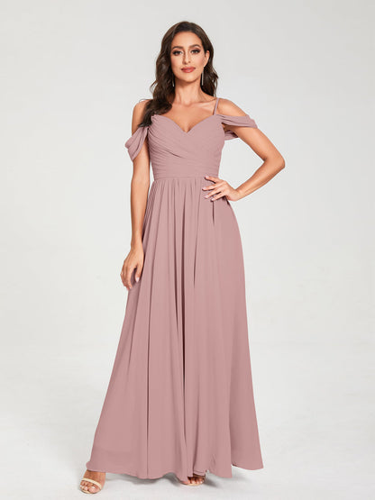 A-Line/Princess Chiffon Spaghetti Straps Off-the-Shoulder Sleeveless Floor-Length Split Side Bridesmaid Dresses