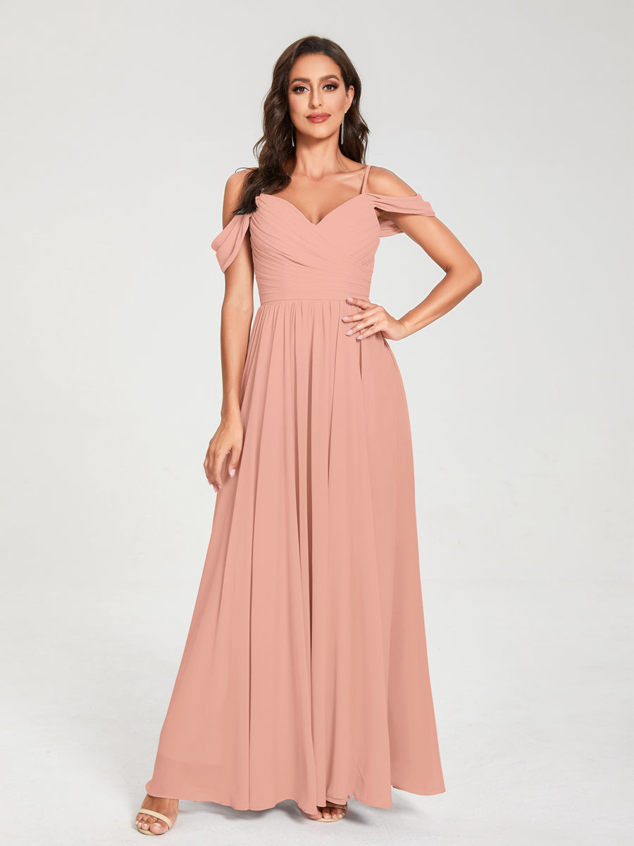 A-Line/Princess Chiffon Spaghetti Straps Off-the-Shoulder Sleeveless Floor-Length Split Side Bridesmaid Dresses