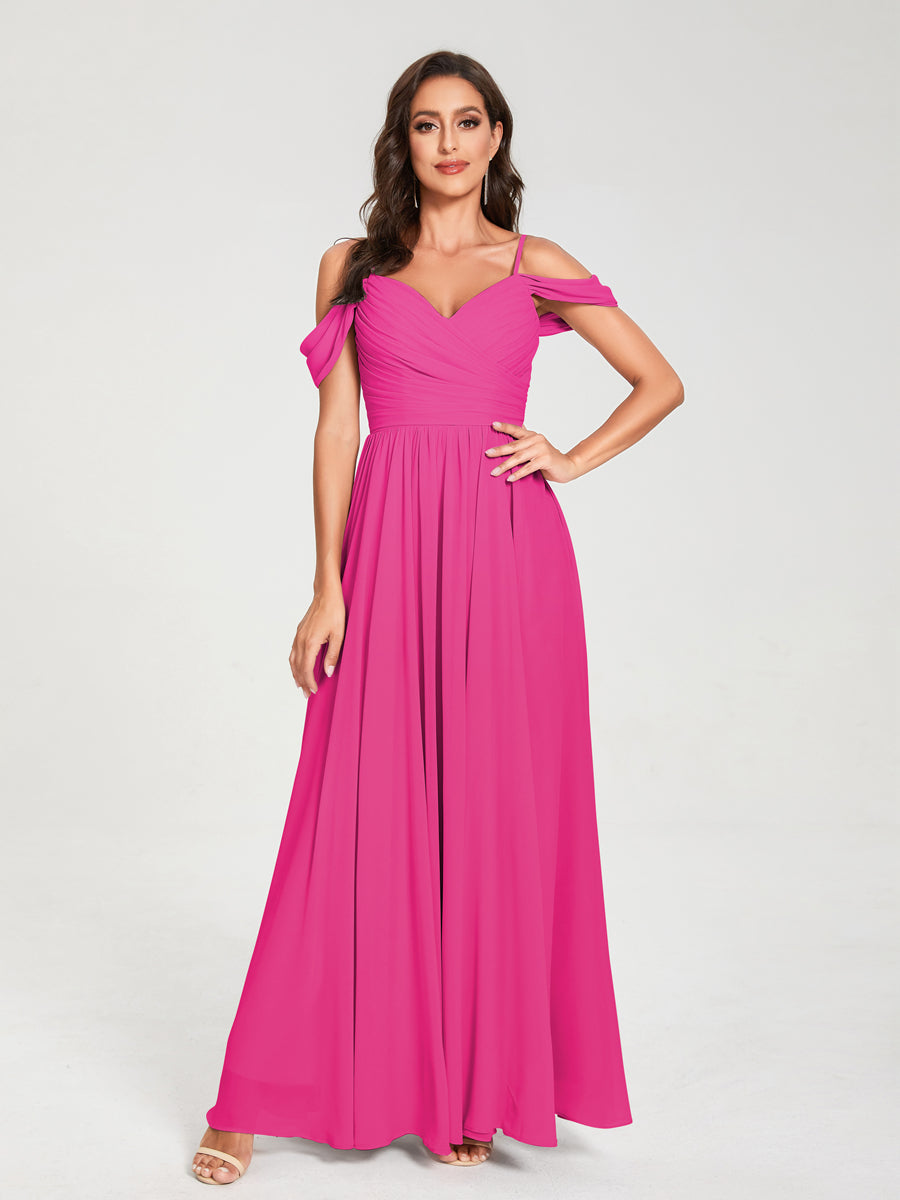 A-Line/Princess Chiffon Spaghetti Straps Off-the-Shoulder Sleeveless Floor-Length Split Side Bridesmaid Dresses