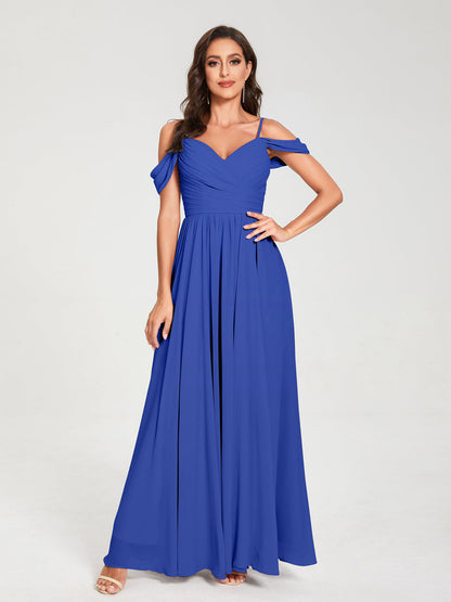 A-Line/Princess Chiffon Spaghetti Straps Off-the-Shoulder Sleeveless Floor-Length Split Side Bridesmaid Dresses