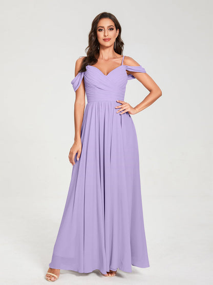 A-Line/Princess Chiffon Spaghetti Straps Off-the-Shoulder Sleeveless Floor-Length Split Side Bridesmaid Dresses