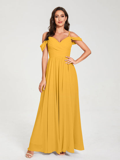 A-Line/Princess Chiffon Spaghetti Straps Off-the-Shoulder Sleeveless Floor-Length Split Side Bridesmaid Dresses