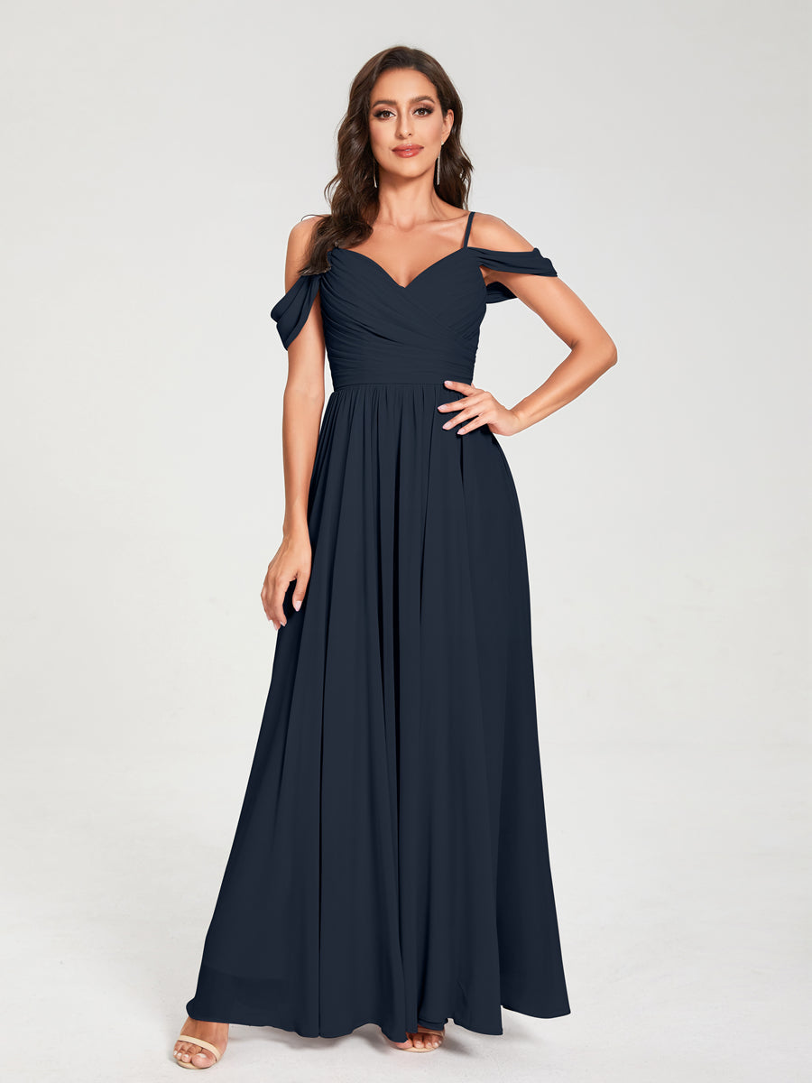 A-Line/Princess Chiffon Spaghetti Straps Off-the-Shoulder Sleeveless Floor-Length Split Side Bridesmaid Dresses