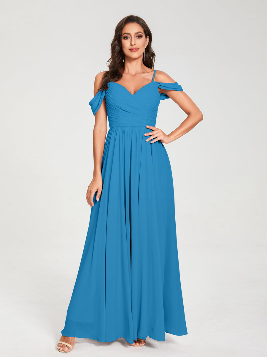 A-Line/Princess Chiffon Spaghetti Straps Off-the-Shoulder Sleeveless Floor-Length Split Side Bridesmaid Dresses