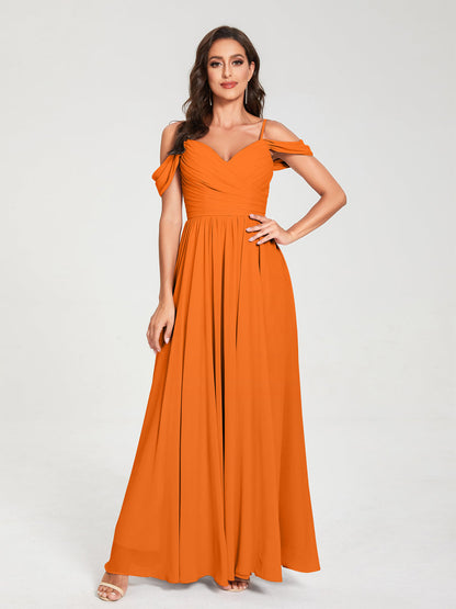 A-Line/Princess Chiffon Spaghetti Straps Off-the-Shoulder Sleeveless Floor-Length Split Side Bridesmaid Dresses