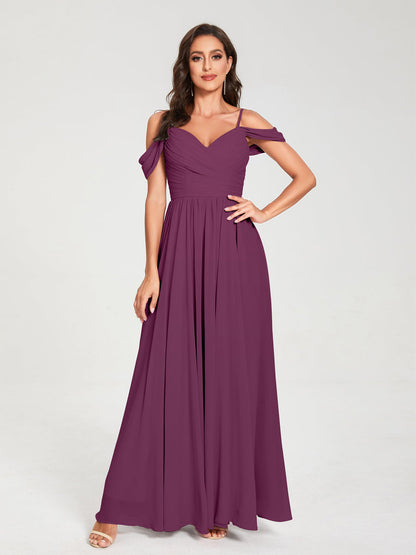 A-Line/Princess Chiffon Spaghetti Straps Off-the-Shoulder Sleeveless Floor-Length Split Side Bridesmaid Dresses