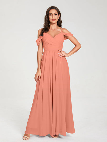 A-Line/Princess Chiffon Spaghetti Straps Off-the-Shoulder Sleeveless Floor-Length Split Side Bridesmaid Dresses