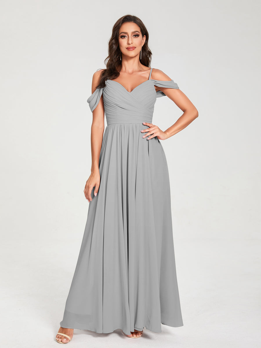 A-Line/Princess Chiffon Spaghetti Straps Off-the-Shoulder Sleeveless Floor-Length Split Side Bridesmaid Dresses