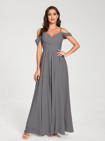 A-Line/Princess Chiffon Spaghetti Straps Off-the-Shoulder Sleeveless Floor-Length Split Side Bridesmaid Dresses