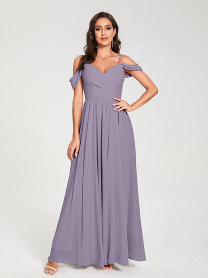 A-Line/Princess Chiffon Spaghetti Straps Off-the-Shoulder Sleeveless Floor-Length Split Side Bridesmaid Dresses