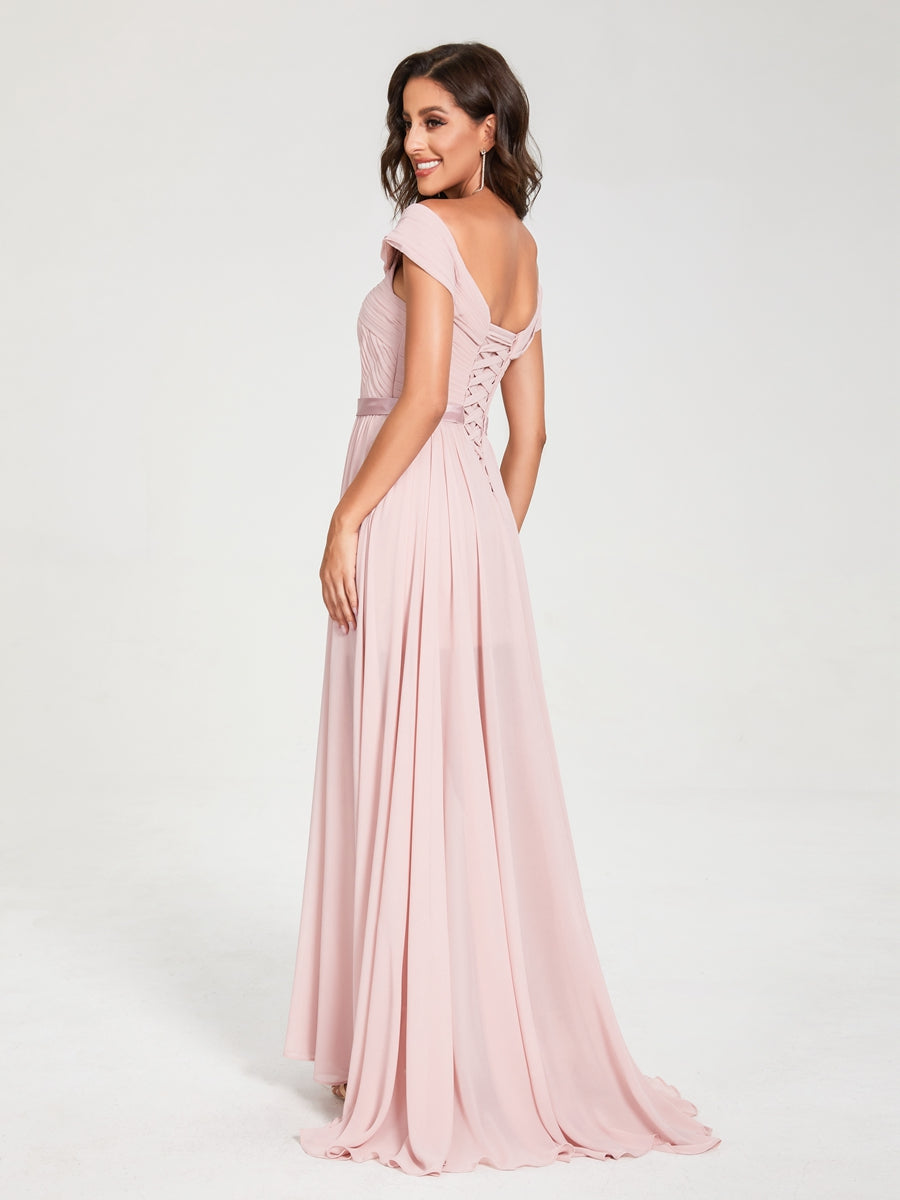 A-Line/Princess Chiffon Off-the-Shoulder Sleeveless Floor-Length Split Side With Belt Bridesmaid Dresses