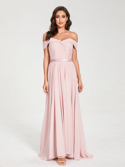 A-Line/Princess Chiffon Off-the-Shoulder Sleeveless Floor-Length Split Side With Belt Bridesmaid Dresses