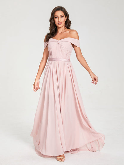 A-Line/Princess Chiffon Off-the-Shoulder Sleeveless Floor-Length Split Side With Belt Bridesmaid Dresses