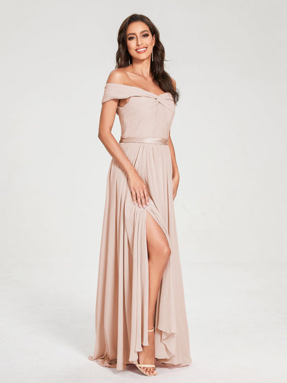 A-Line/Princess Chiffon Off-the-Shoulder Sleeveless Floor-Length Split Side With Belt Bridesmaid Dresses