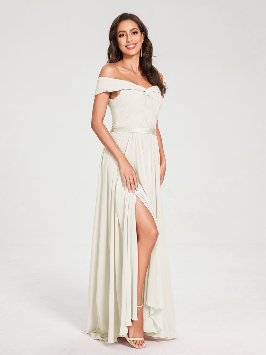 A-Line/Princess Chiffon Off-the-Shoulder Sleeveless Floor-Length Split Side With Belt Bridesmaid Dresses