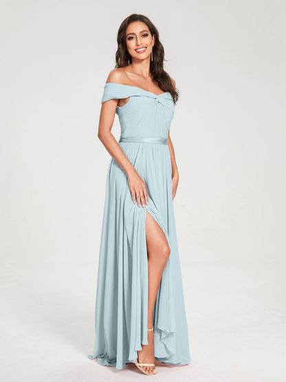 A-Line/Princess Chiffon Off-the-Shoulder Sleeveless Floor-Length Split Side With Belt Bridesmaid Dresses