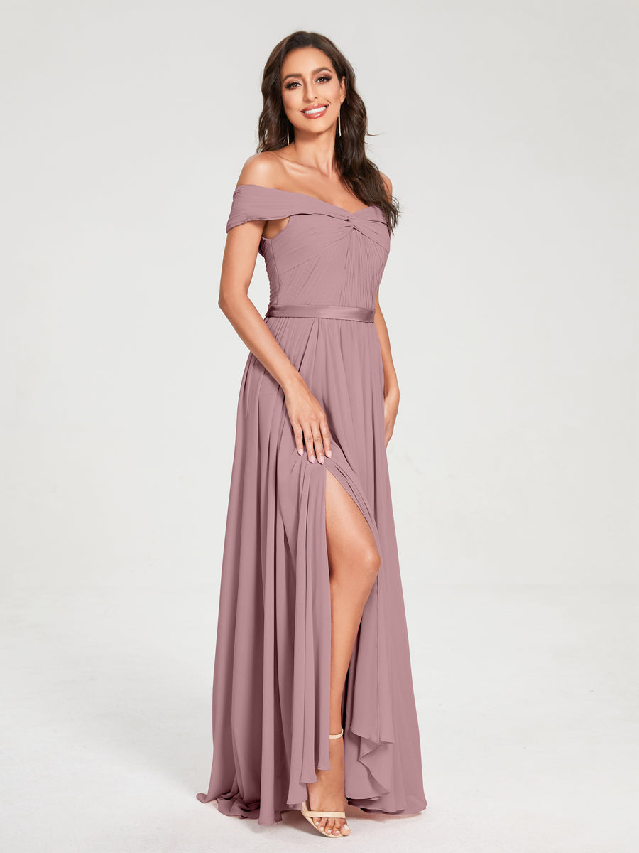 A-Line/Princess Chiffon Off-the-Shoulder Sleeveless Floor-Length Split Side With Belt Bridesmaid Dresses