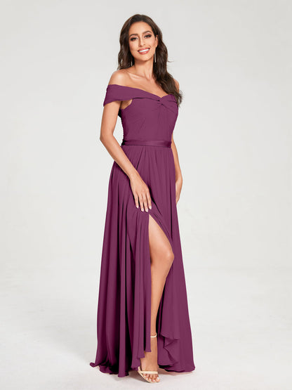 A-Line/Princess Chiffon Off-the-Shoulder Sleeveless Floor-Length Split Side With Belt Bridesmaid Dresses