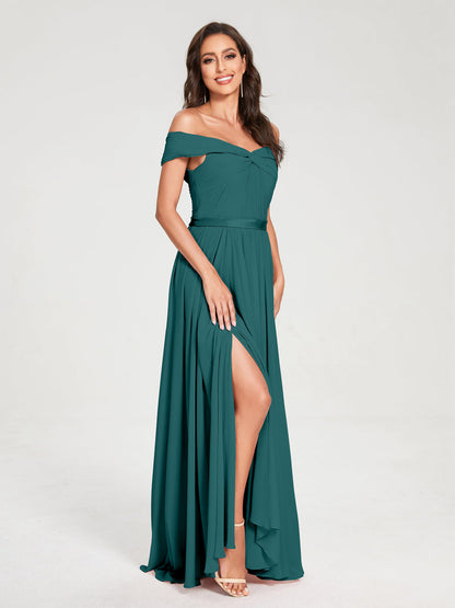 A-Line/Princess Chiffon Off-the-Shoulder Sleeveless Floor-Length Split Side With Belt Bridesmaid Dresses