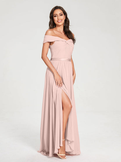 A-Line/Princess Chiffon Off-the-Shoulder Sleeveless Floor-Length Split Side With Belt Bridesmaid Dresses